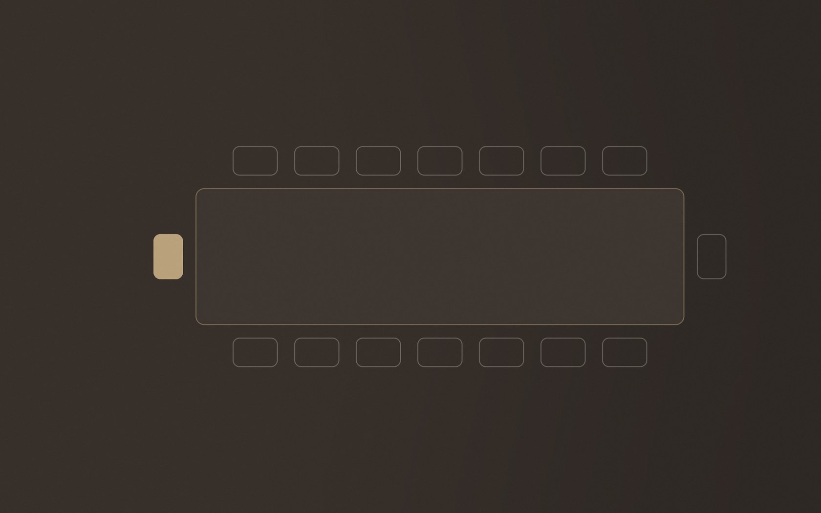 Illustration of a boardroom table from above, with the chair at the head picked out in gold